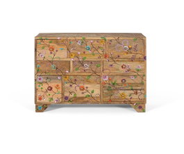 GINER Y COLOMER Commode en bois de manguier massif avec 10 tiroirs de différentes tailles et décoration de fleurs peintes à la main - Couleur naturel